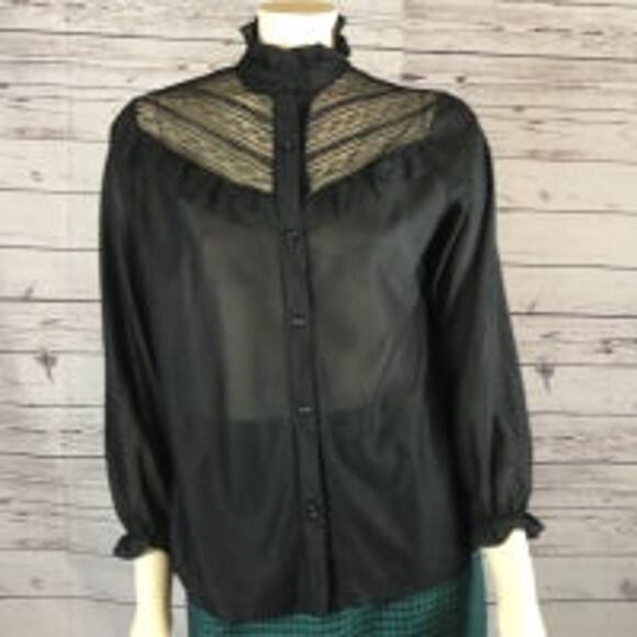 American Vintage Pretty Tops black lace & frilled blouse high neck size medium - Picture 6 of 12